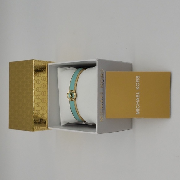 1834- MICHAEL Michael Kors Haute Gold Tone AQUA Enamel Bangle Bracelet NWT - Picture 1 of 10